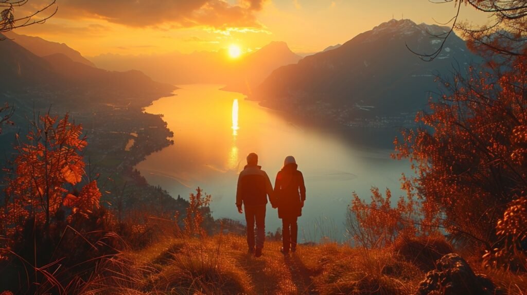 Scenic hike with mature couple – stock photo of a morning adventure above Lake Lugano