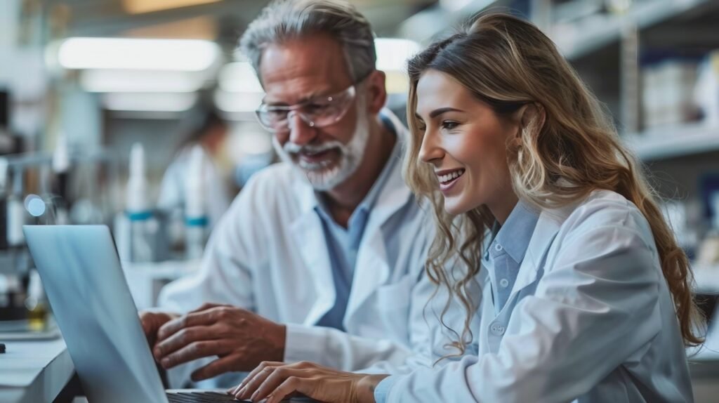 Scientific Collaboration Mature Scientist and Colleague Working on Laptop – Professional Stock Photo