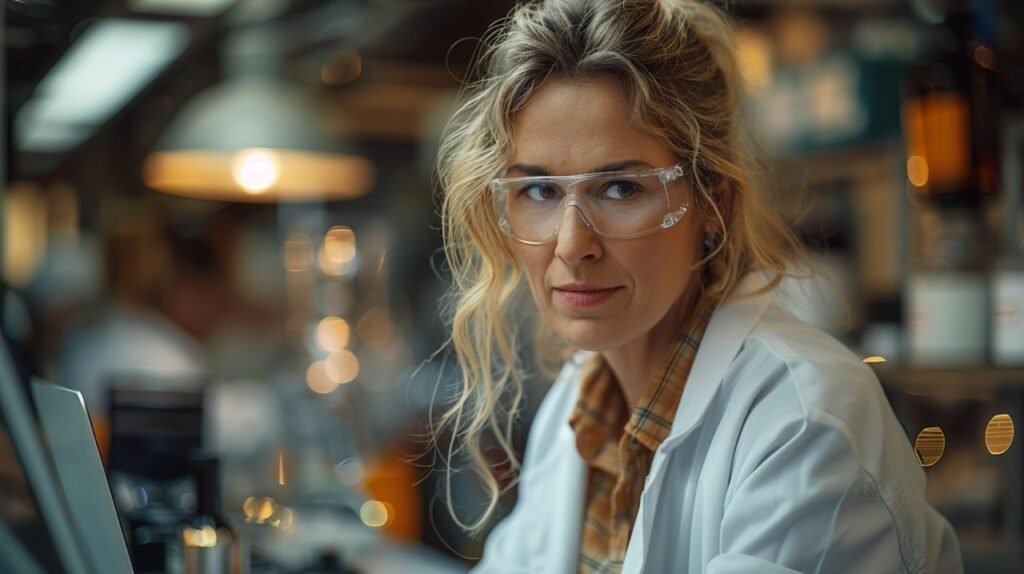 Scientific Exploration Mature Scientist and Colleague Use Laptop – Collaborative Work – Stock Image