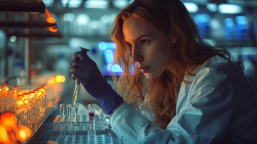 Scientist Conducting Cell Research – Stock Photo of Lab Experiment with Screen Image Background