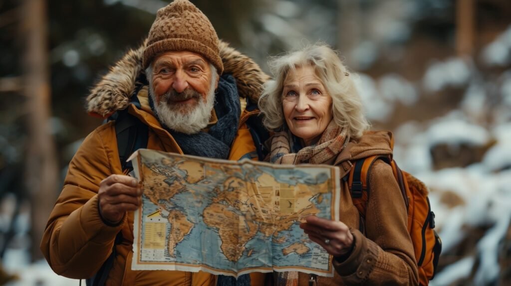 Senior couple with map – stock photo of elderly pair searching for direction on vacation