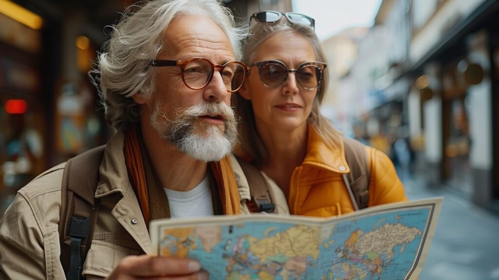 Seniors on vacation with map – stock photo of elderly couple searching for directions