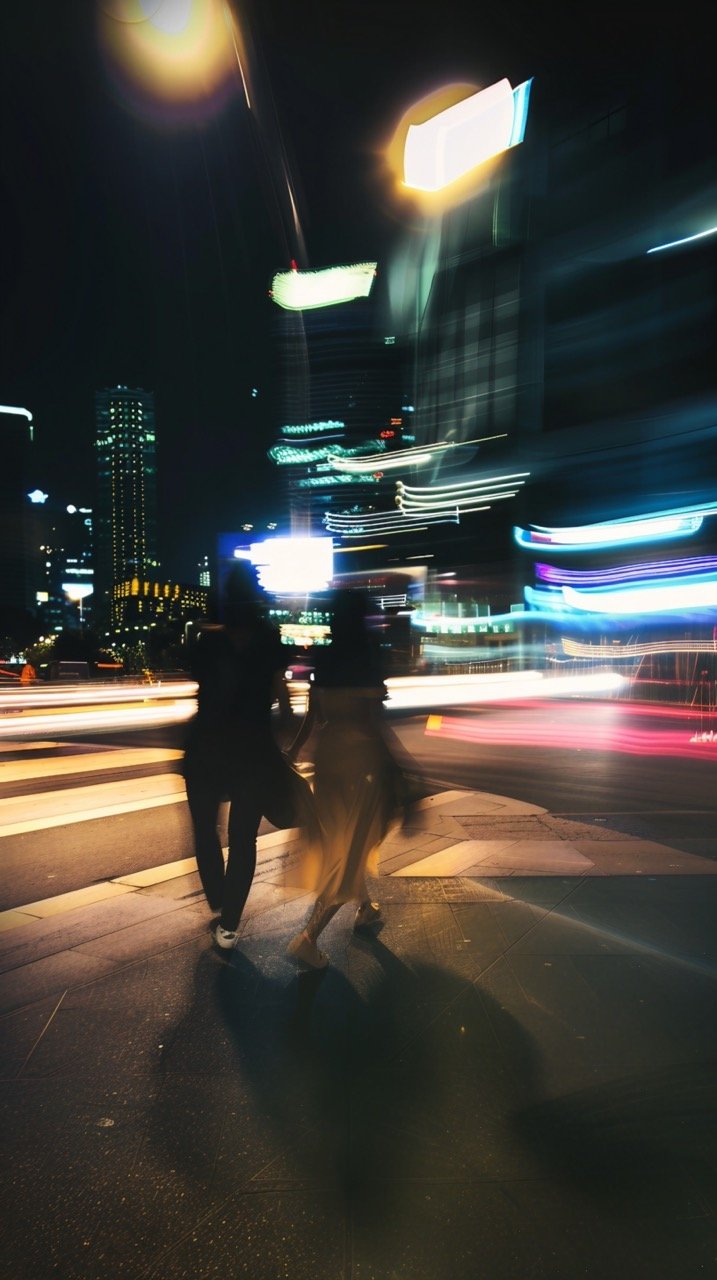 Shanghai Night Scene Hotel Front, Blurred Foreground, Passing Boy and Girl, Dynamic Framing Composition