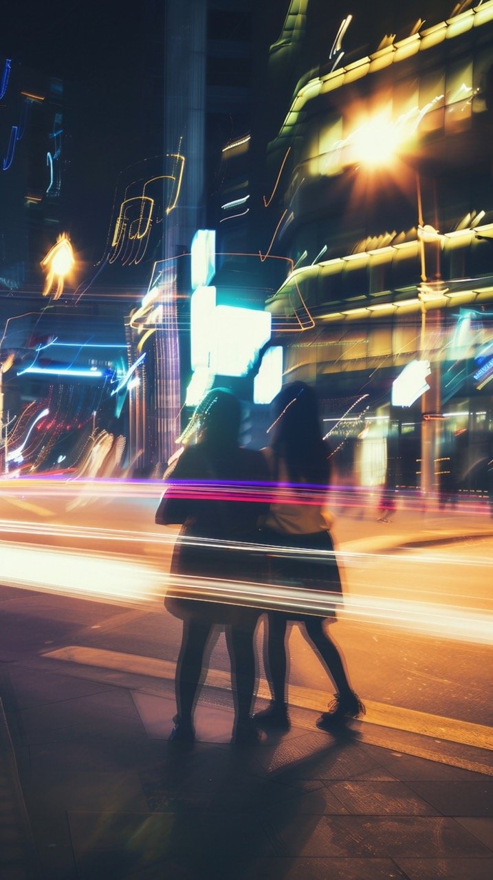 Shanghai Nightlife Hotel Scene, Blurred Foreground, Passing Boy and Girl, Dynamic Framing Photography