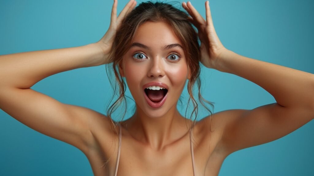 Shocked Women Pose – Arms Gesturing, Wide Eyes, Mouth Open, Isolated on Blue Background Stock Image