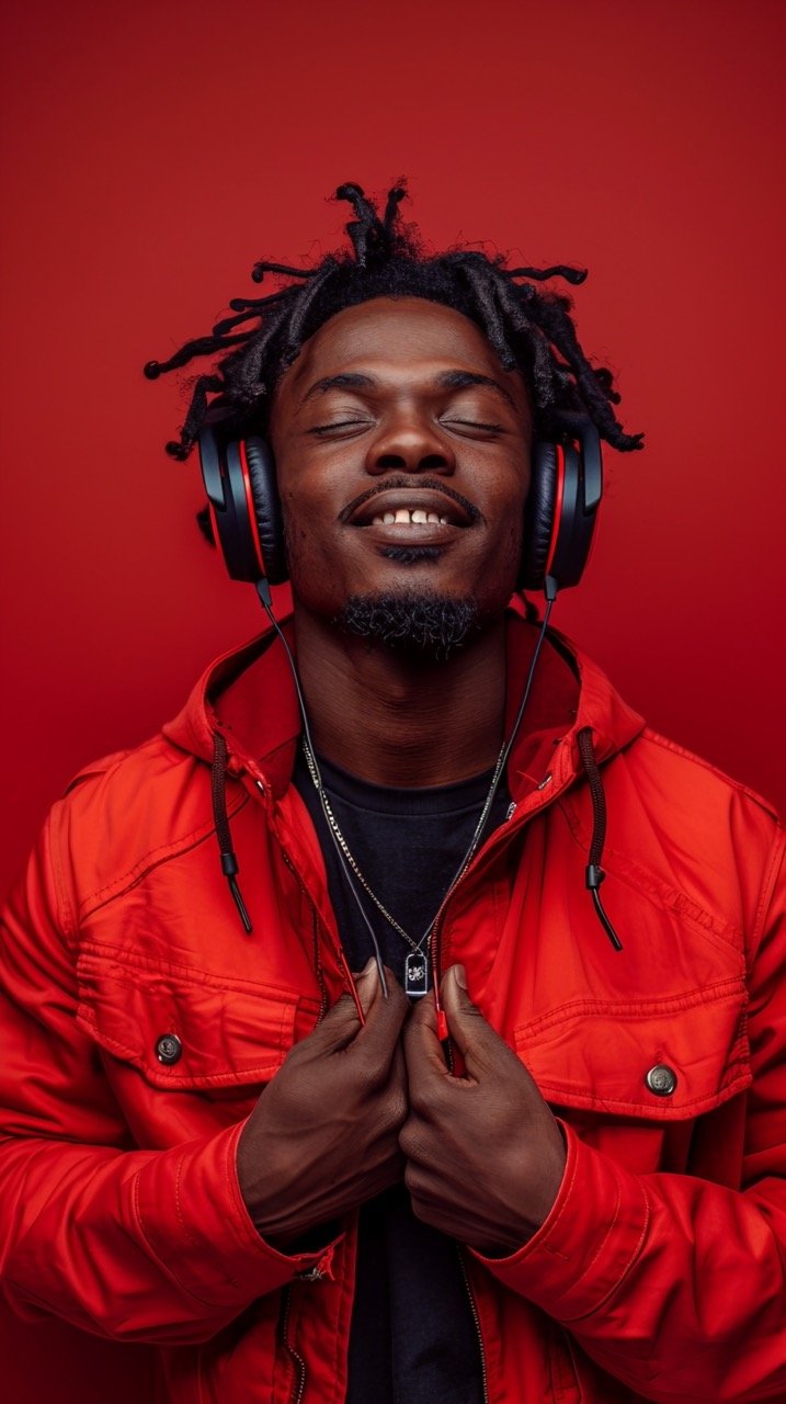 Smiling Black Man in Red Studio Background, Holding Headphones, Listening to Music – Stock Photo