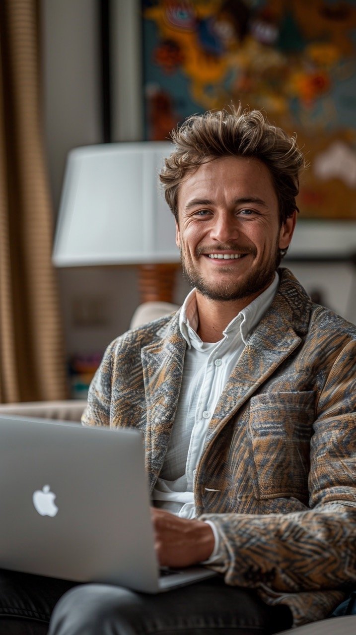 Smiling Guy with Laptop on Couch Happy Man Enjoying Technology at Home