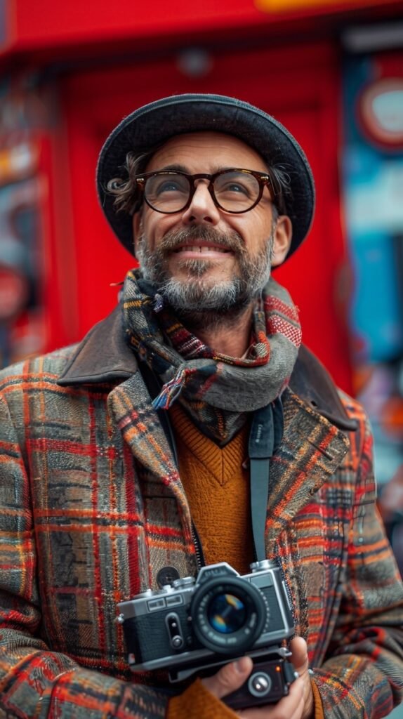 Smiling Man with Vintage Video Camera – Stock Photo on Red Background Captures Joyful Moment