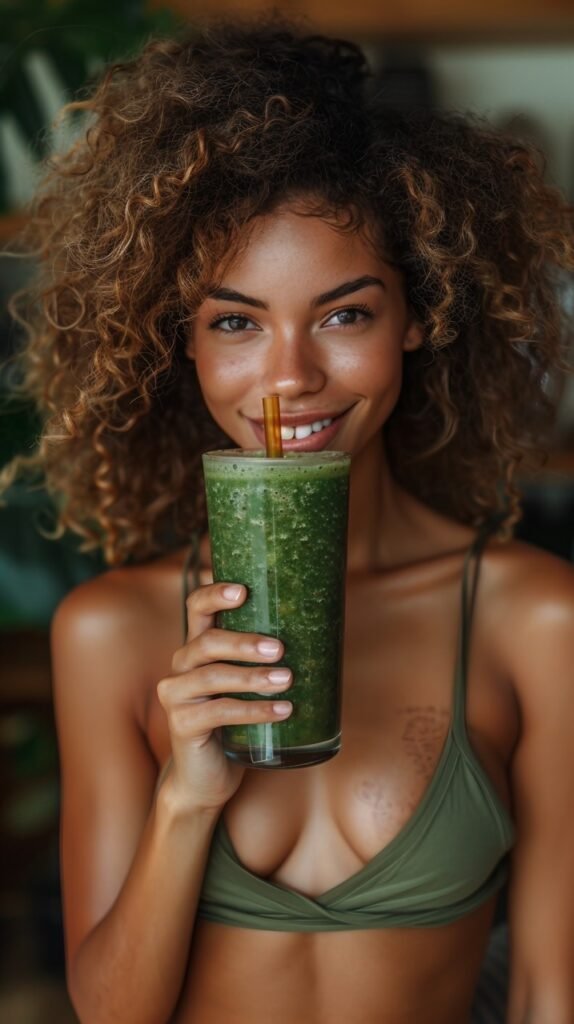 Smoothie delight Young woman sips healthily – Stock photo of a healthy sip