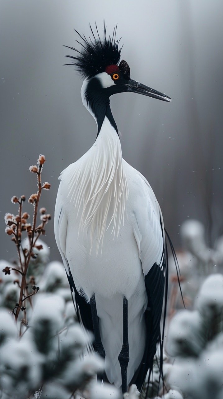 Snowy Crane in White Background – Swedish Lapland’s Winter Wildlife, Yellow-Eyed Migratory Bird – Stock Photo