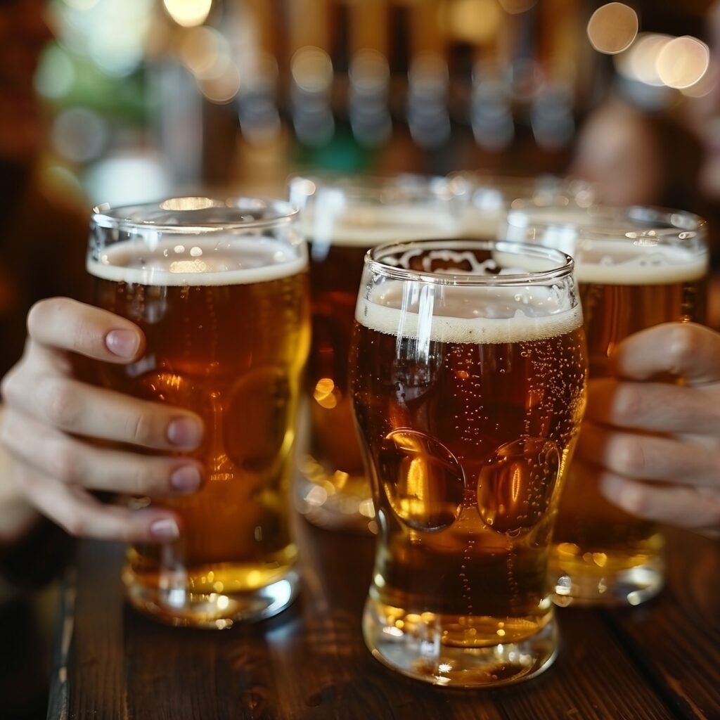 Social pub scene People talking and toasting with beers – Stock image of lively pub interaction