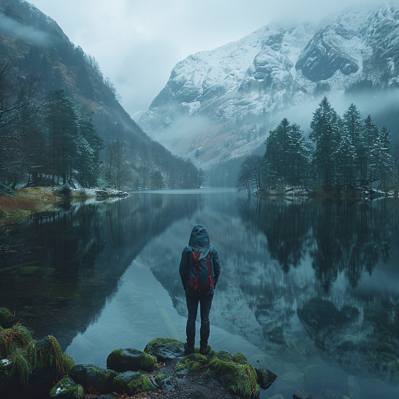 Solitude by Water – Man Standing Alone at Lake, Natural Outdoor Scenery, Cinematic Reflections – Stock Image