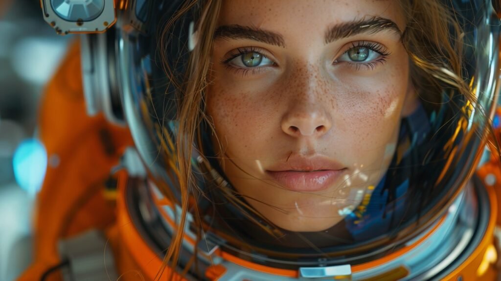 Space Exploration Experience – Inside Spaceship Portrait of Female Commercial Space Traveler, Stock Photo