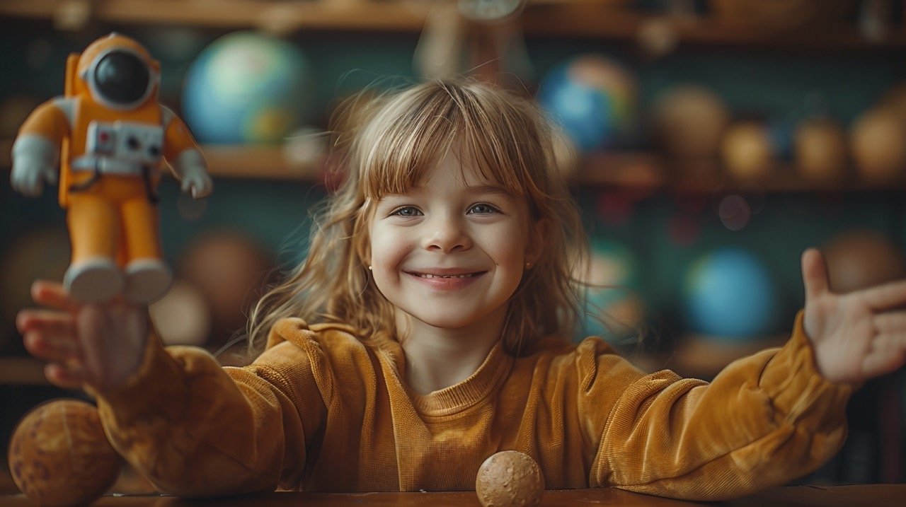 Space adventure Little girl playing as astronaut with homemade planetarium – Stock photo of imaginative play