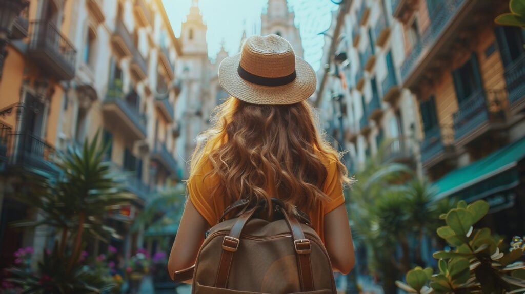 Spain travel adventure – stock photo of a young woman tourist walking through Barcelona streets