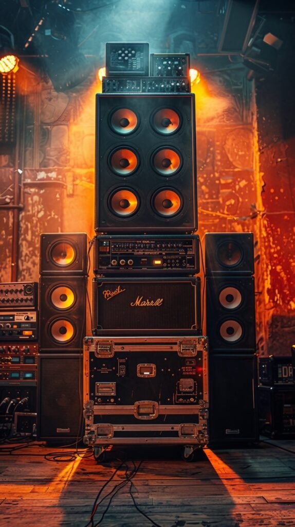 Stacked Amps and Speakers – Stock Photo of Audio Equipment Pile