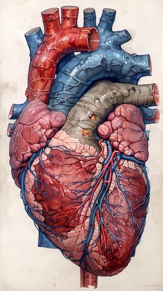 Stock Illustration Human Heart Blood Supply and Internal Structures, Detailed Anatomy Drawing