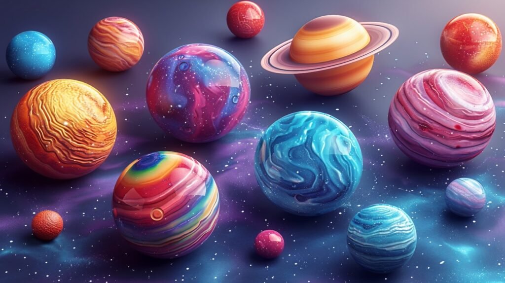 Stock Photo Eight Cartoon 3D Models of Astronomical Bodies on Blue-Purple Background, Trendy Futuristic Design