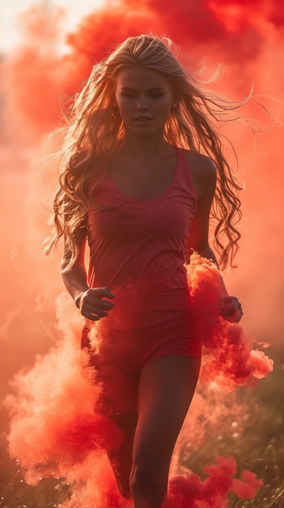 Stock Photo Female Athlete Running in Red Smoke, Dynamic Stadium Action Shot