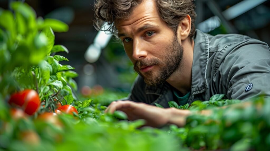 Stock Photo Genetically Modified Scientists in Vegetable Greenhouses Working on Innovation