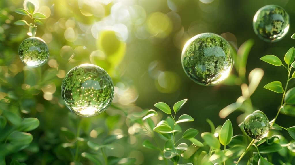 Stock Photo Green Hydrogen Molecule, Digital Generated Image of Liquid Drops in Transparent Sphere