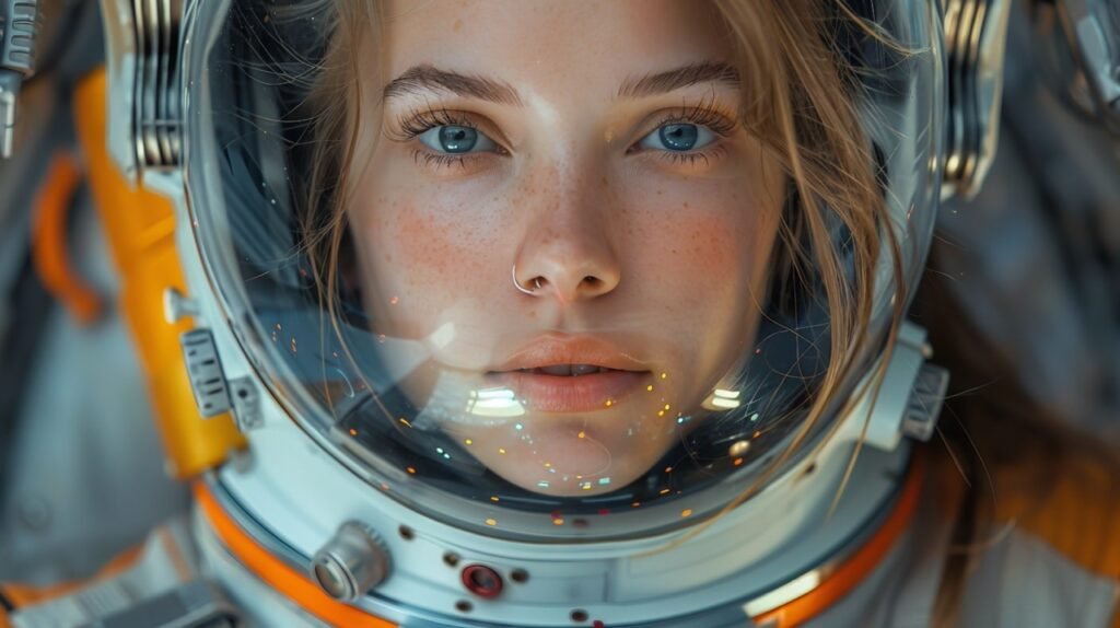 Stock Photo Inside Spaceship Portrait – Female Commercial Space Traveler, Space Exploration Experience