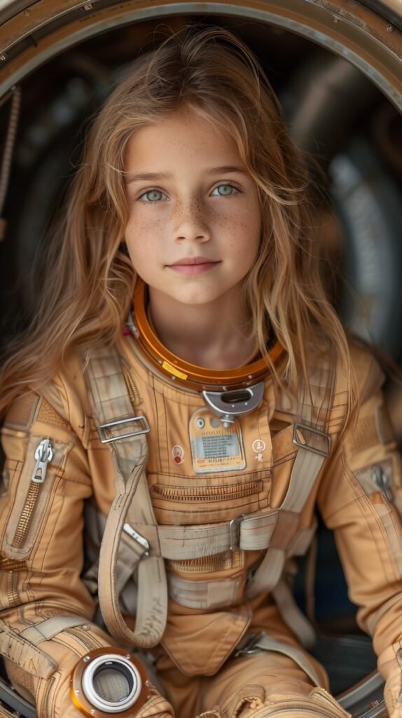 Stock Photo Joyful Experience of Young Girl in Astronaut Suit, Childhood Exploration Delight