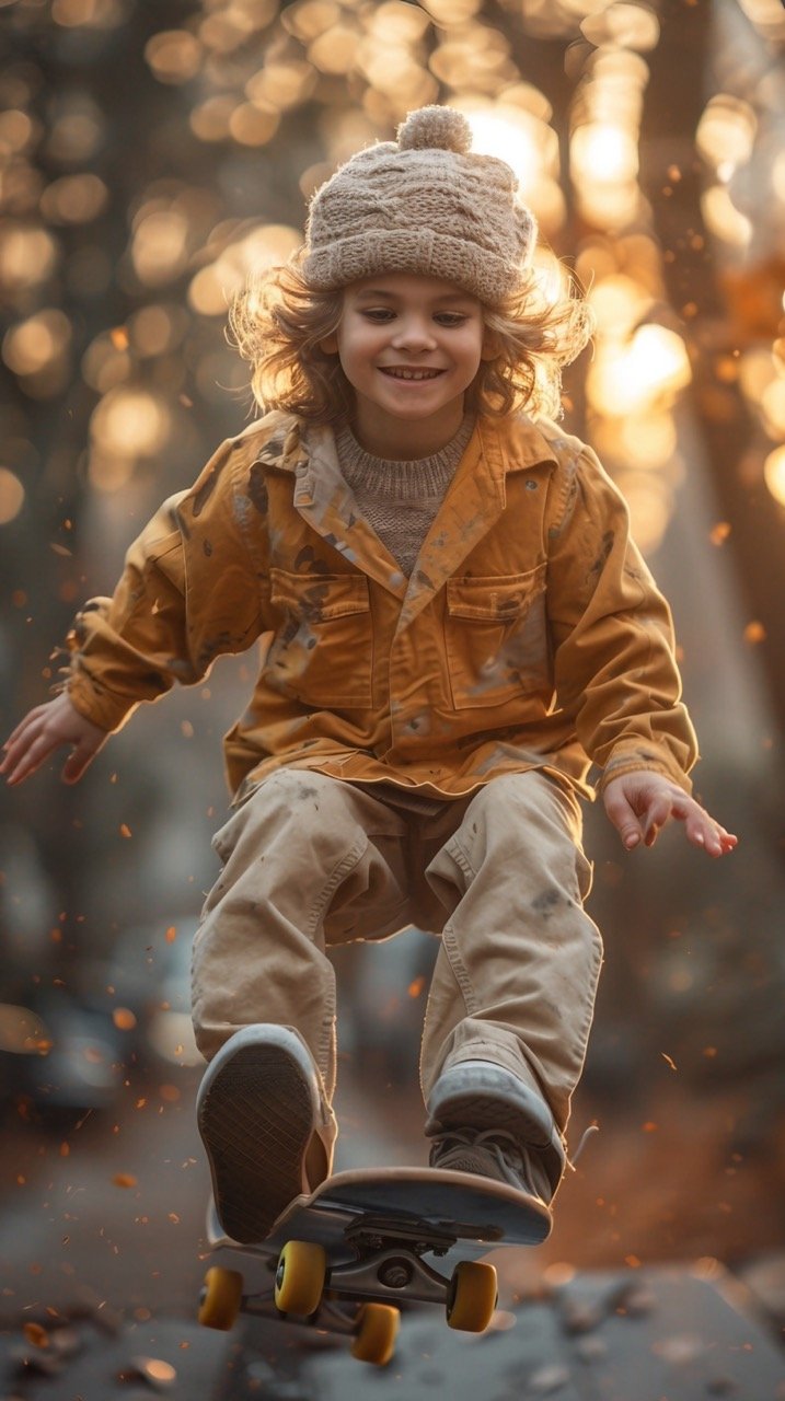 Stock Photo Kid Having Fun Skateboarding, Jumping in a Skateboard Adventure Scene