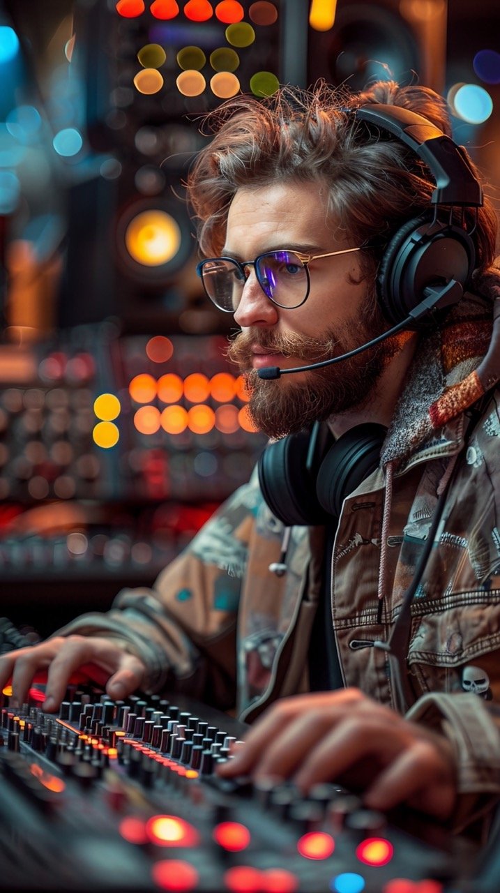 Stock Photo Man Using Computer and Headphones in Music Studio – Professional Audio Production Concept