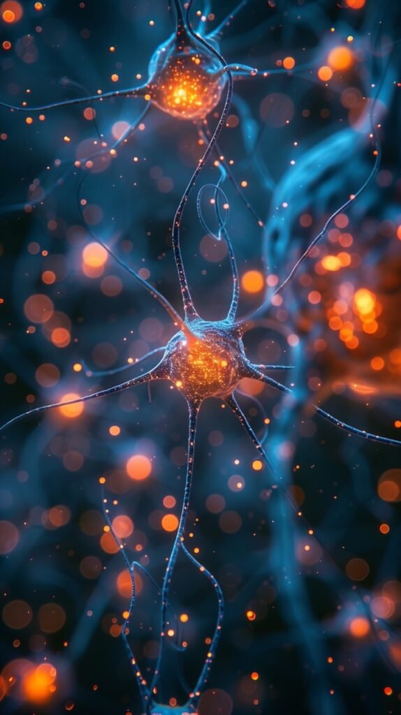 Stock Photo Neuron System with Glowing Connections, Neural Network on Black Background