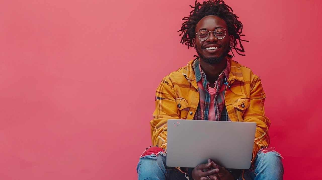 Stock Photo Non-Binary Person Smiling with Laptop in Studio – Young Individual Working and Smiling