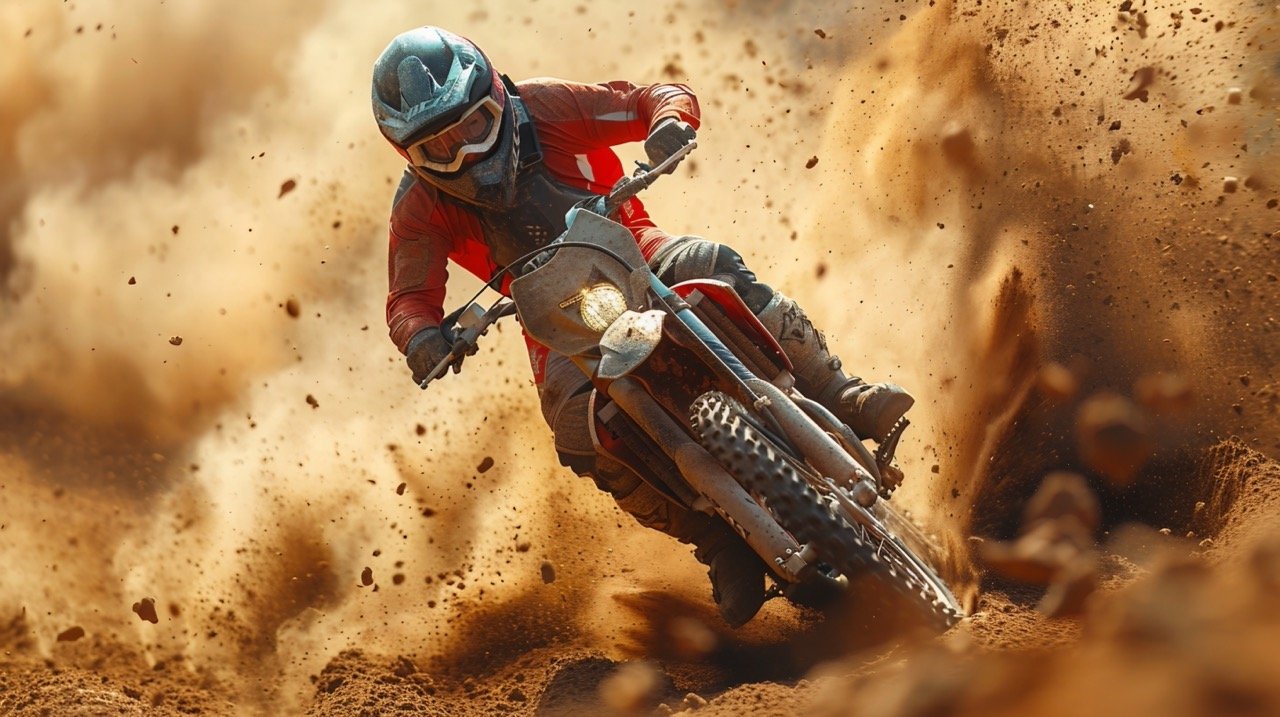 Stock Photo Off-Road Motorcyclist Taking Dirt Turn, Dynamic Motocross Biker Action