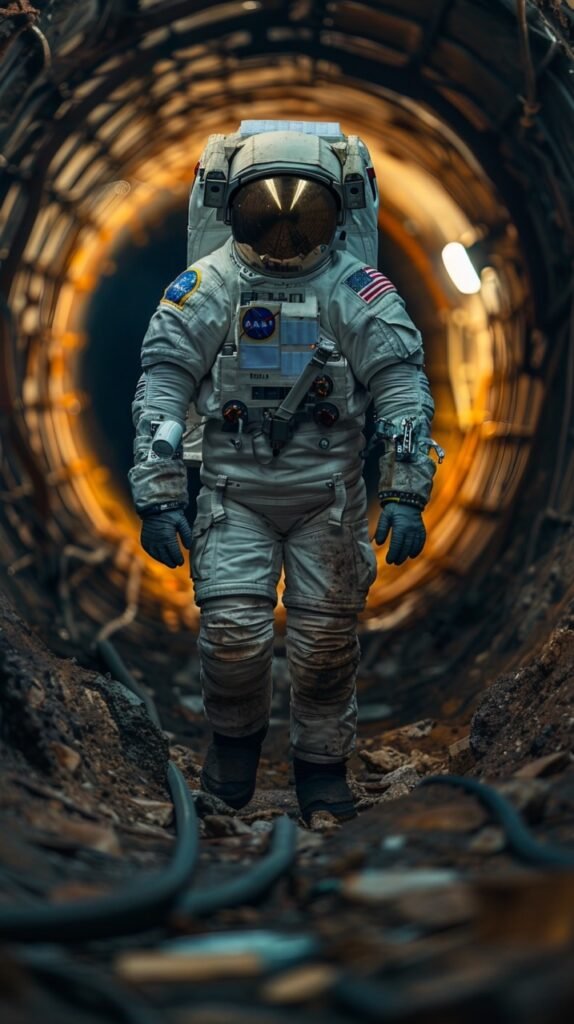 Stock Photo Spaceman in Space Tunnel, Futuristic Exploration Concept