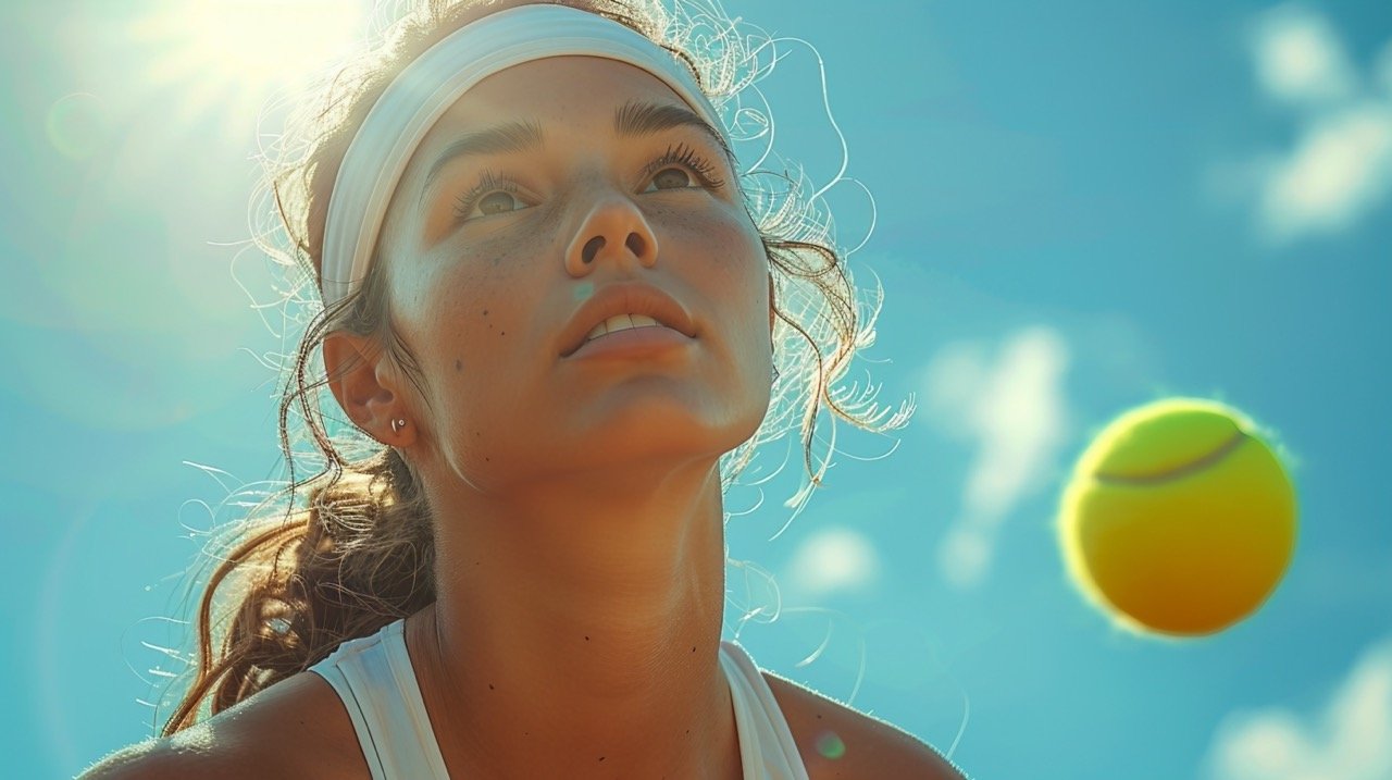 Stock Photo Sunny Day Scene, Woman Tennis Player About to Hit Serve on Outdoor Court