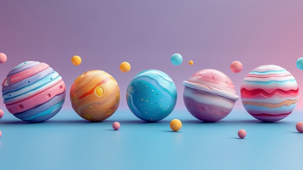 Stock Photo Trendy Futuristic Design – Eight Cartoon 3D Models of Astronomical Bodies on Blue-Purple Background