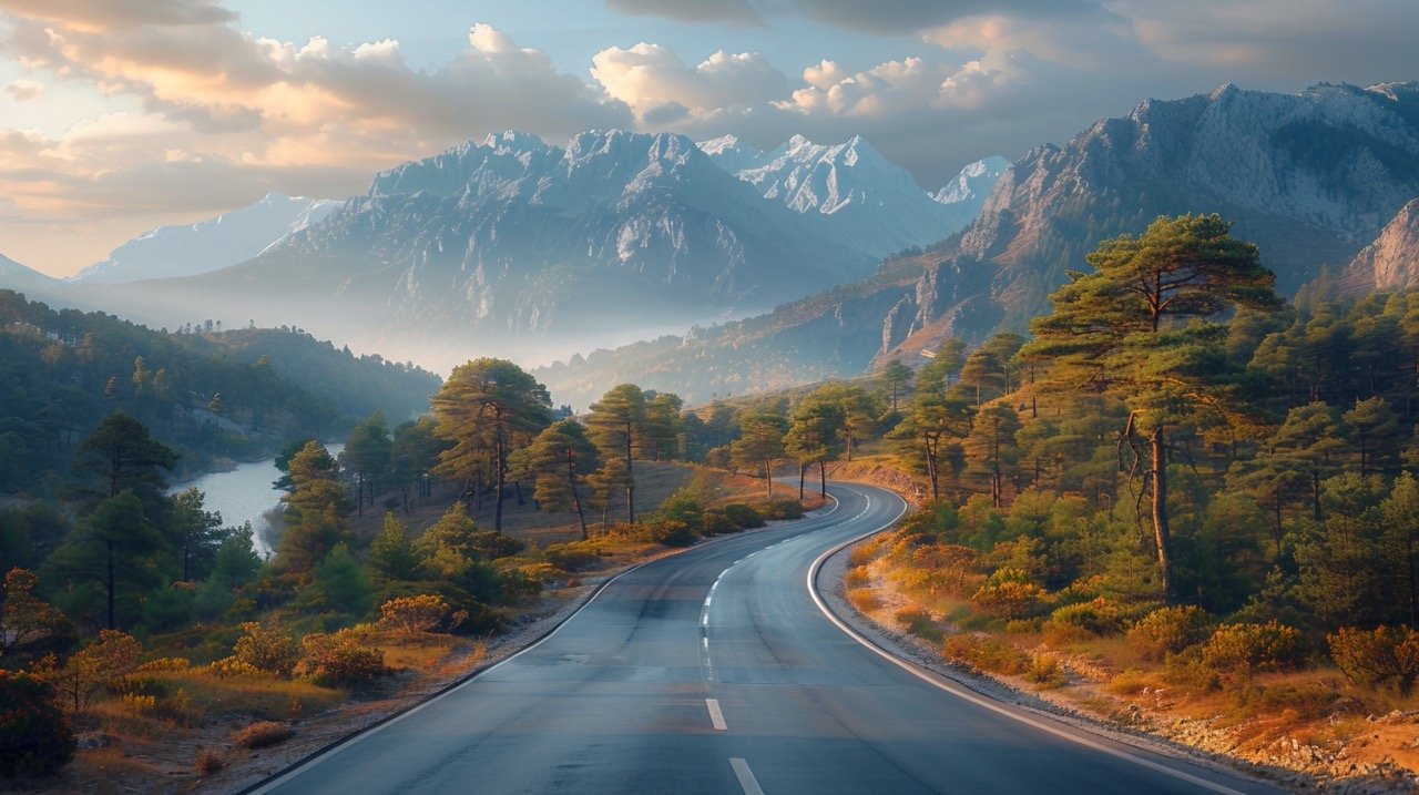 Stock Photo Weisse Bruecke, Modern White Bridge with Car and Mountain Landscape