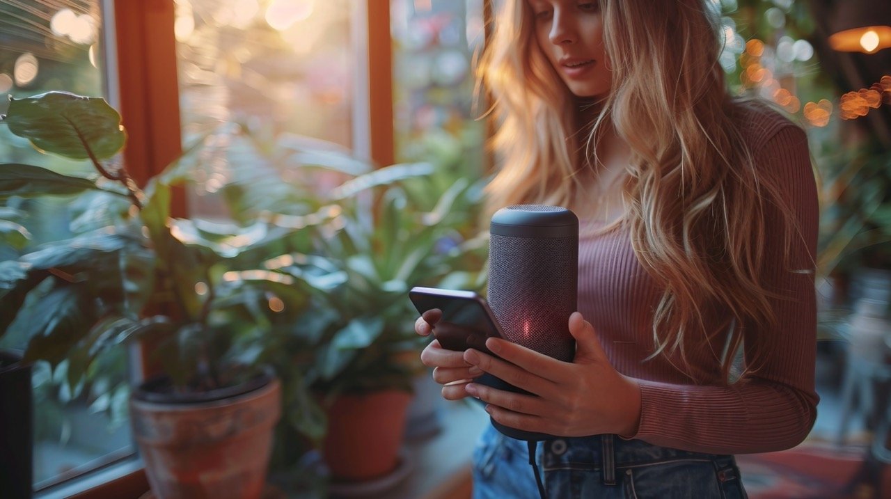 Digital Interaction Woman with Smart Speaker and Smartphone – Stock Photo of Smart Technology