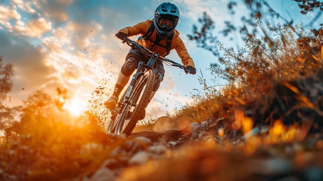 Stock Photo Woman in Downhill Mountain Bike Action – Dynamic Ride Shot, Female Biker