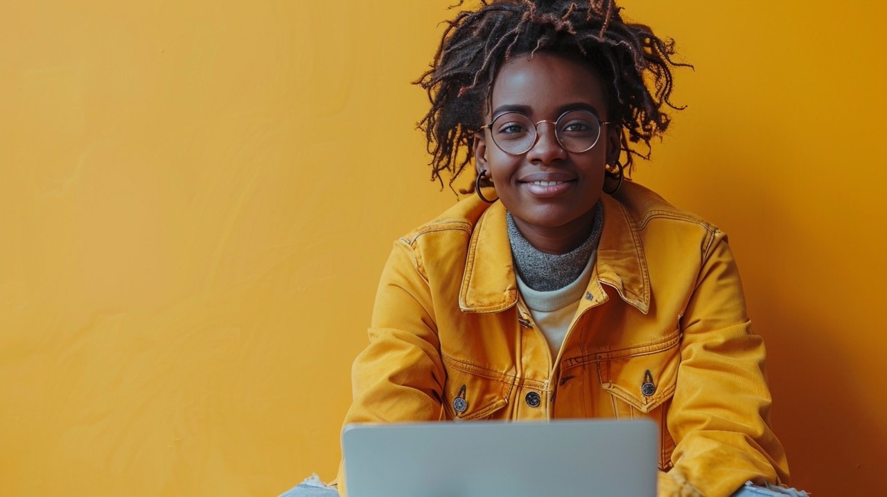 Stock Photo Young Non-Binary Person Sitting with Laptop, Smiling in Studio Environment