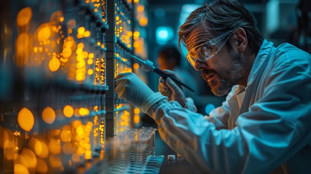 Stock Photo of Lab Experiment – Scientist Conducting Cell Research with Screen Image Background