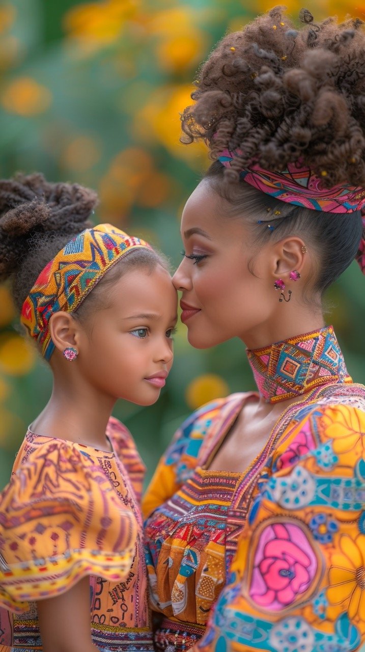 Stock image Ethnic mother, daughter playful in pink attire – Kiss against pink, yellow backdrop