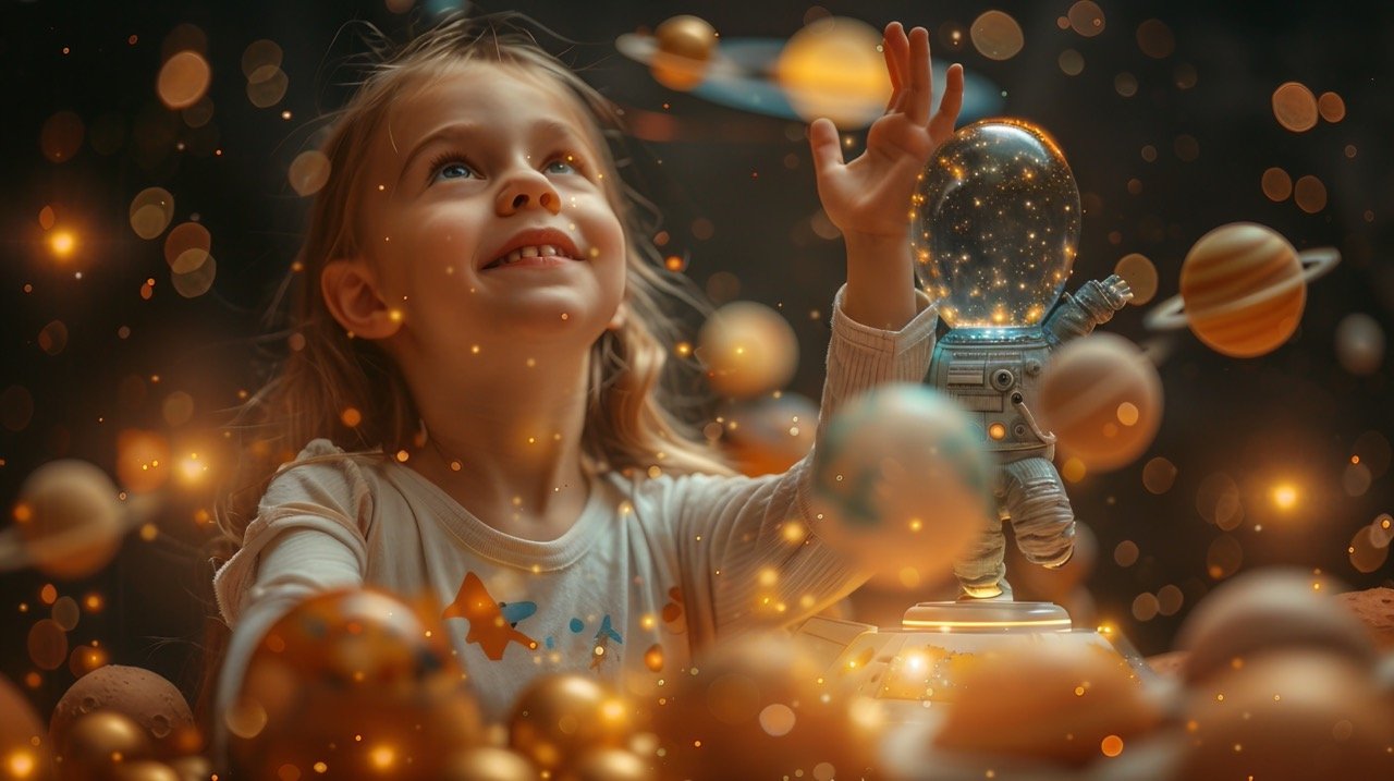 Stock image Little girl plays astronaut with homemade planetarium and spacecraft – Imaginative space scene