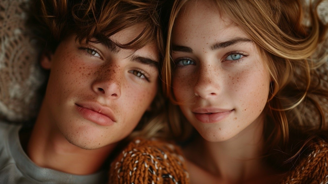 Stock image Tender moment of young couple, teenage girl resting head on man’s shoulder – Intimacy captured