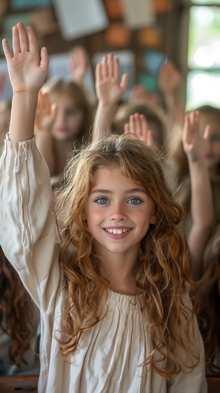 Stock photo Classroom scene with education, high-five, teacher, and children fostering learning, support, and motivation Large