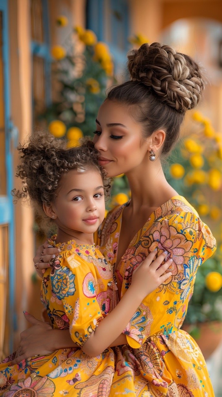 Stock photo Ethnic mother and daughter playfully dressed in pink, kissing against pink and yellow backdrop