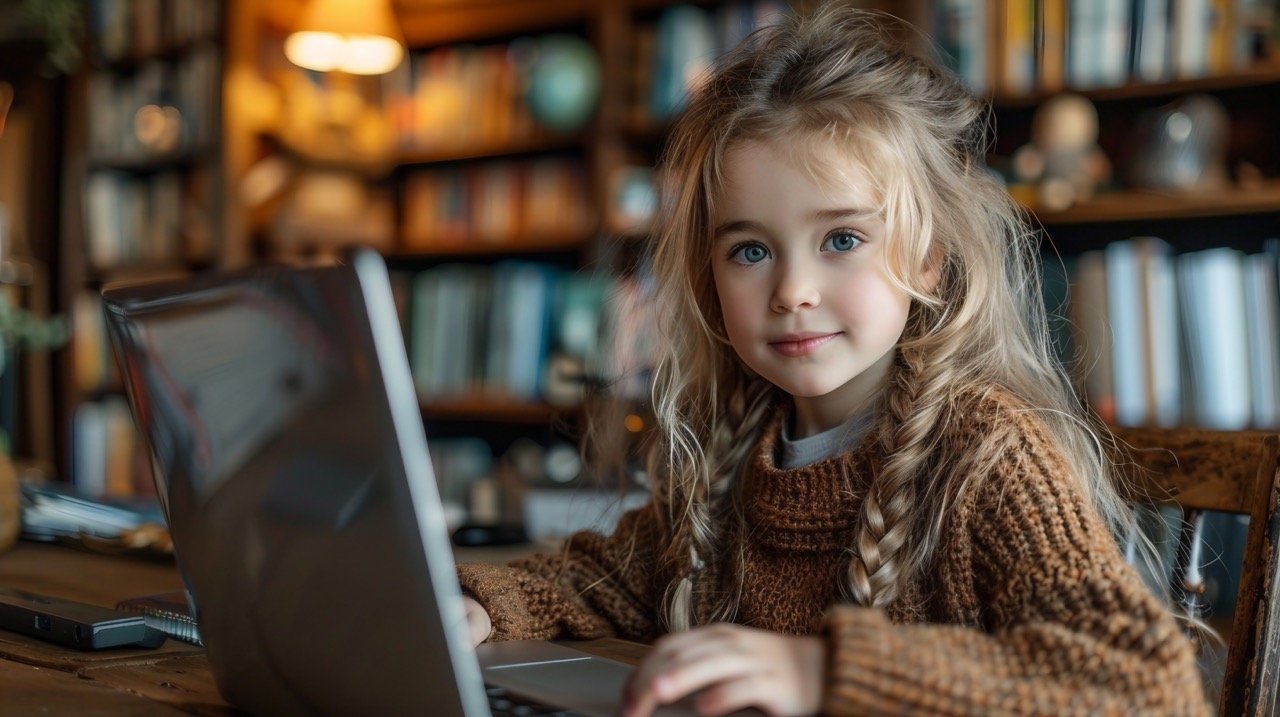 Stock photo Little girl engaged in online school class – Learning on laptop concept