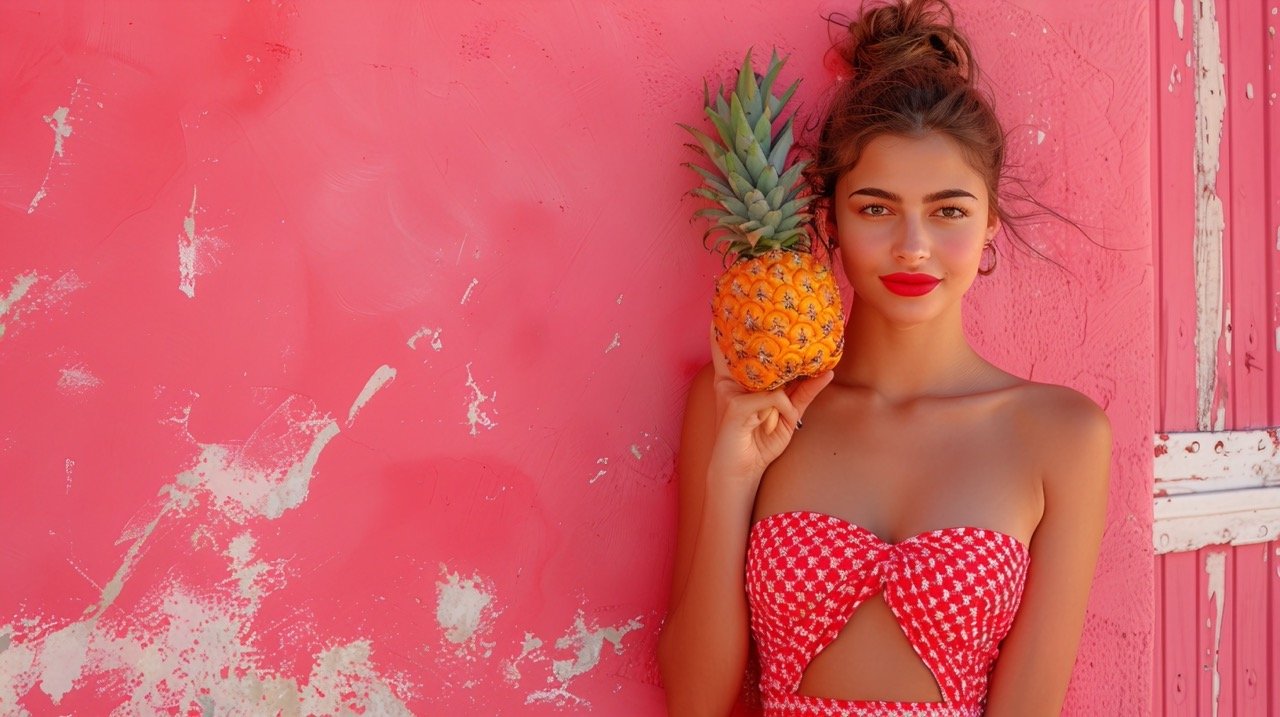 Stock photo Young Woman in Red and White Patterned Dress, Red Lipstick, Holding Pineapple – Vibrant Pose