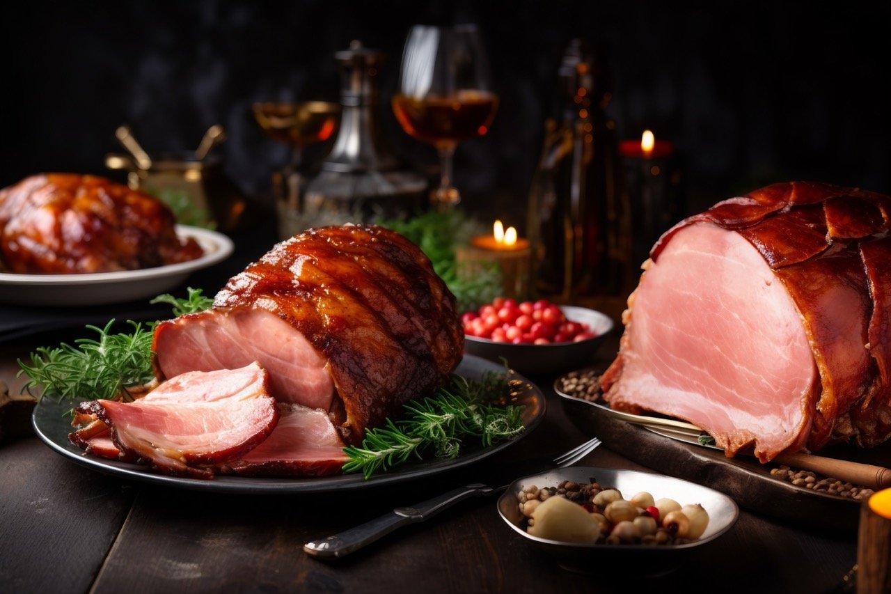 Stock photo featuring a Christmas baked ham served on an antique plate