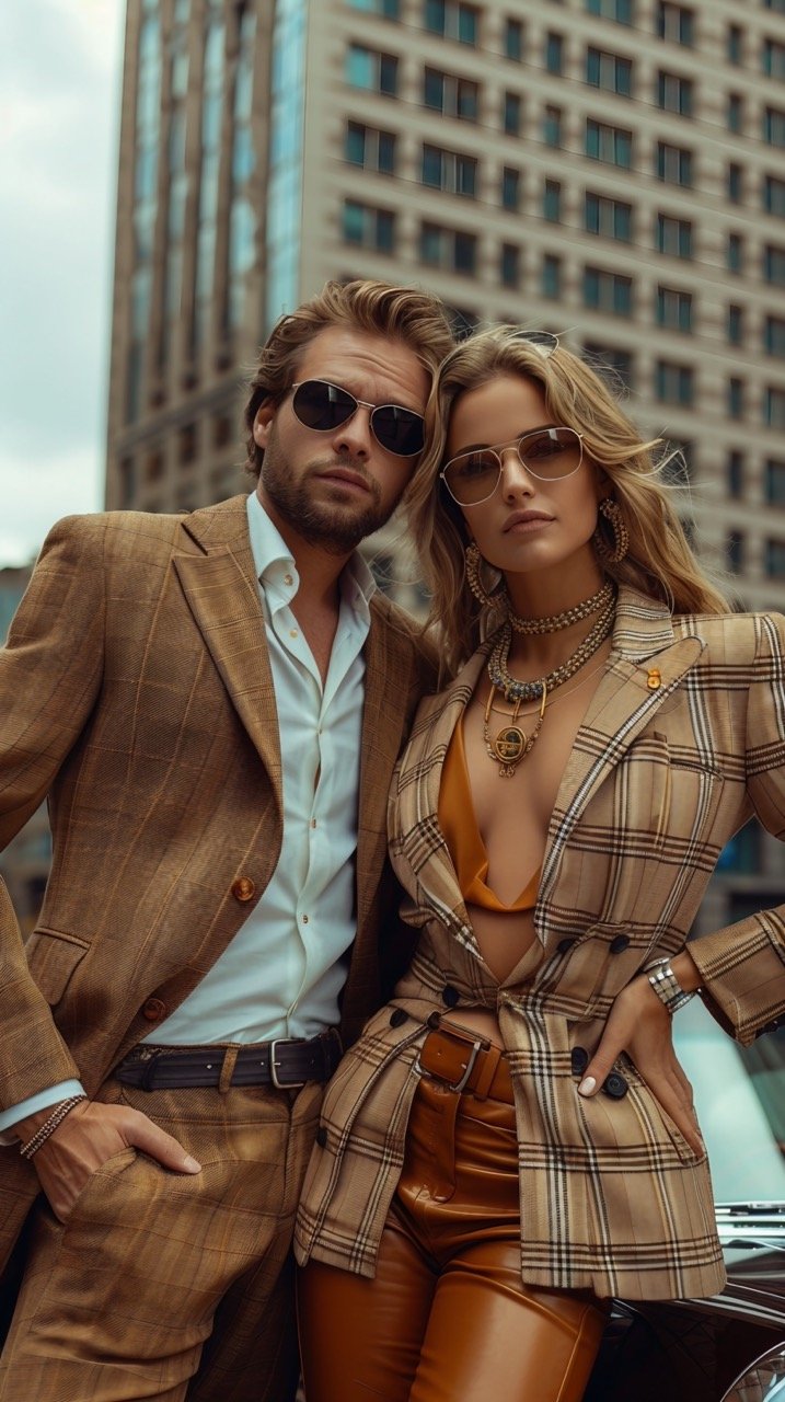 Stylish Couple Leaning on Luxury Car Outdoors by Skyscraper Attractive Duo in Elegant Attire