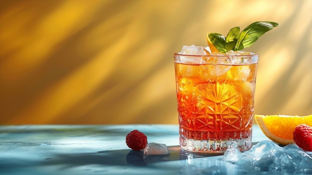 Stylish Negroni Defined shadow, blue & yellow background – Stock image of iconic cocktail